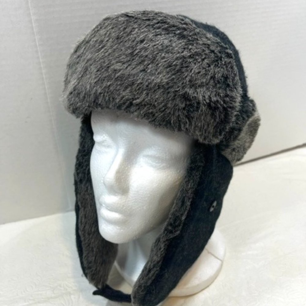 Dockers Trapper Faux Fur Wool Blend Black Gray Plaid Ear Flap Hat One Size
